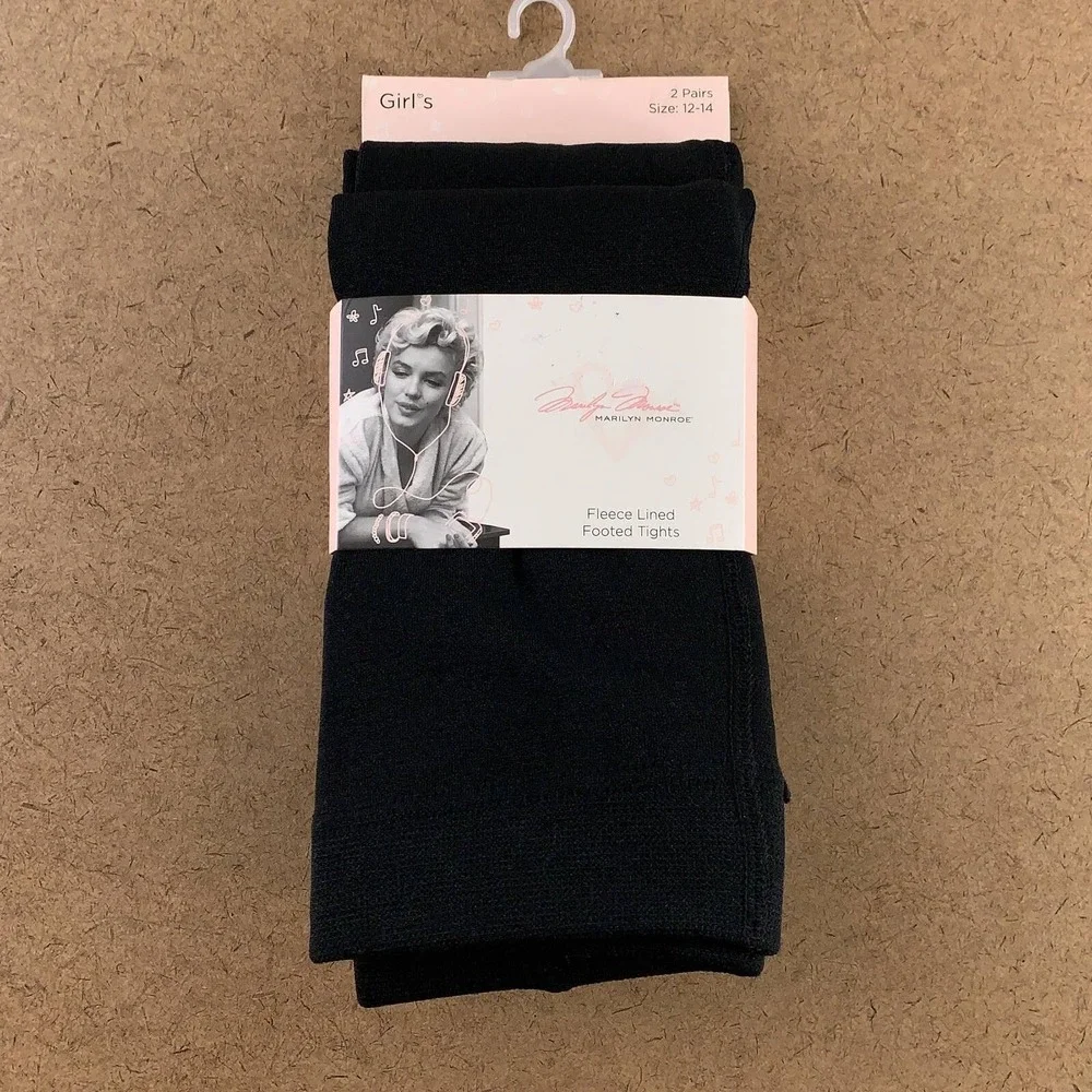 Marilyn Monroe Girls Size 12-14 Black Fleece Lined Footed Tights 2 Pairs NWT